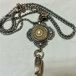 Intricate Silver and Gold Medallion Lanyard Necklace With Clasp For ID